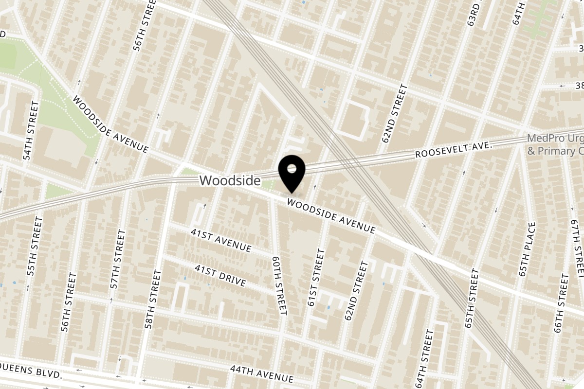 Map showing the location of F. Ottomanelli Burgers and Belgian Fries on 60-15 Woodside Ave in Woodside